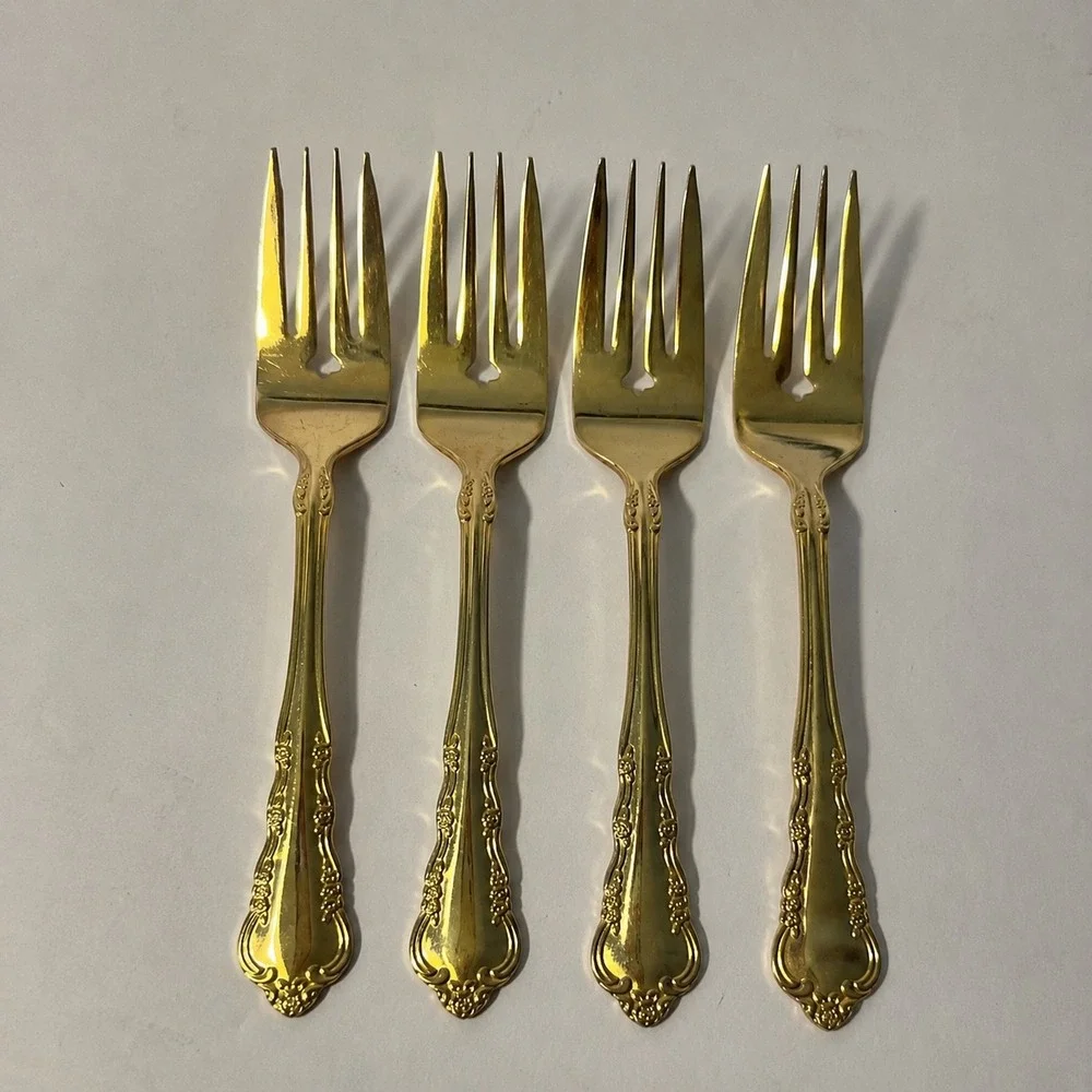 1847 Rogers Bros Gold Electroplate Salad Dessert Forks Set of 4 Floral 6in